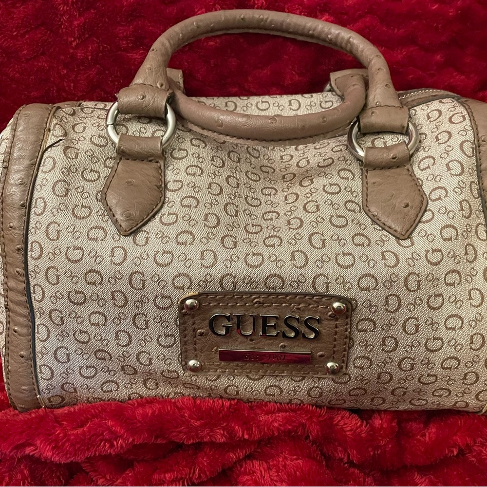 Guess Brown and Cream Satchel with Iconic Logo Pattern